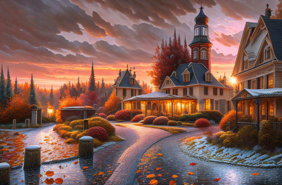 Victorian houses on cobblestone path under autumn sunset