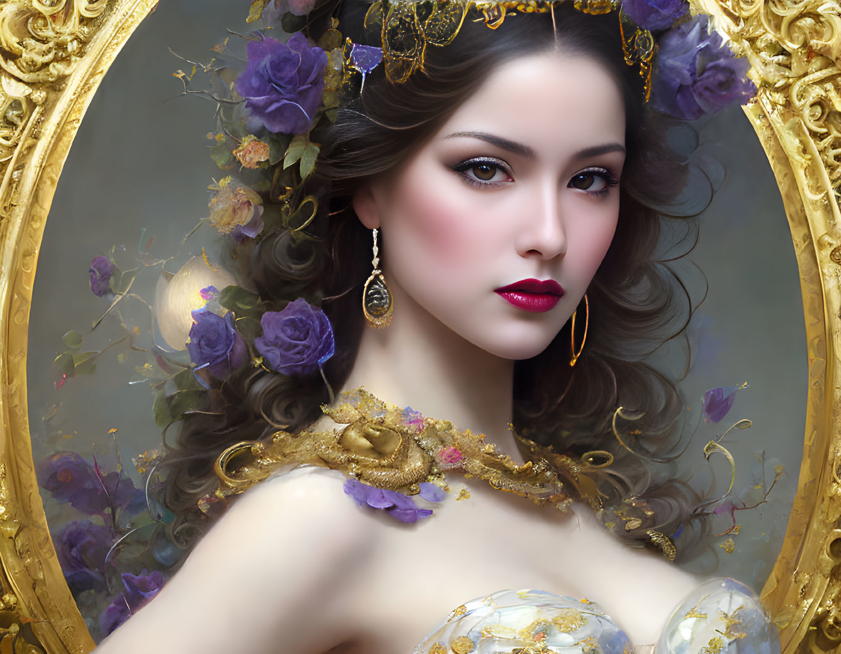 Portrait of woman with elegant makeup in ornate golden mirror with purple roses and jewelry