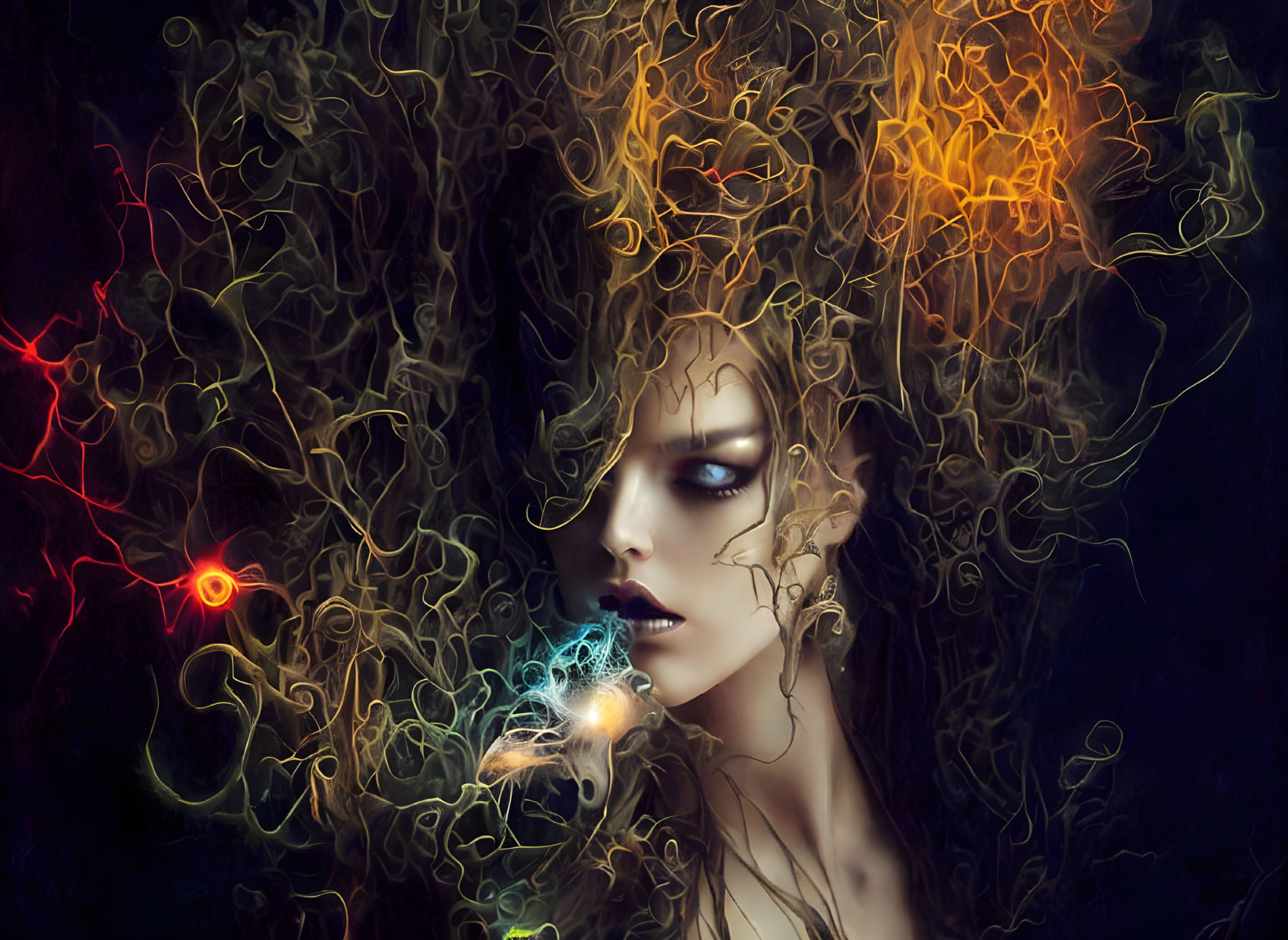 Digital portrait of woman with luminous tendrils and mystical orbs in dark setting