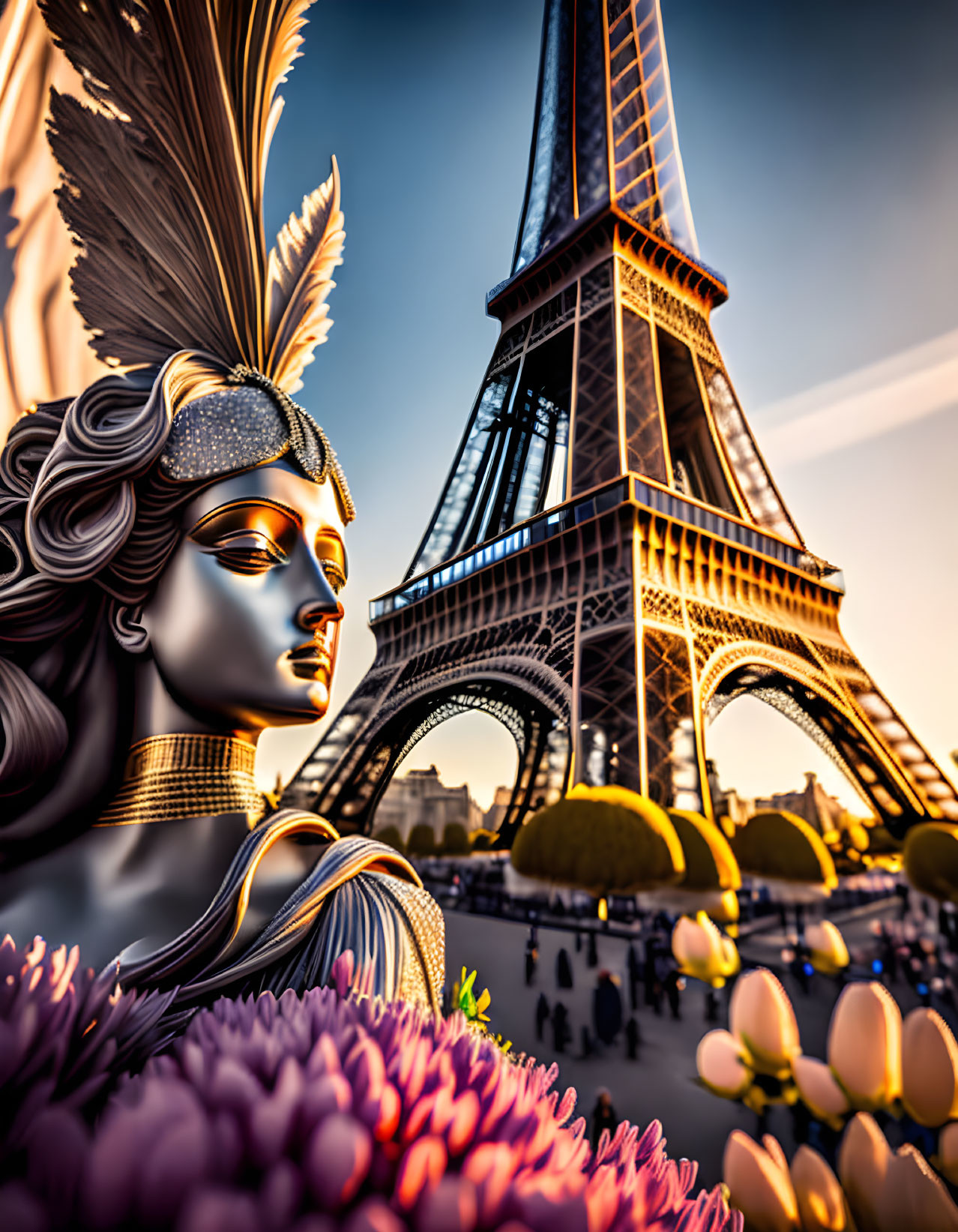 Female statue with feathered headdress & Eiffel Tower at sunset