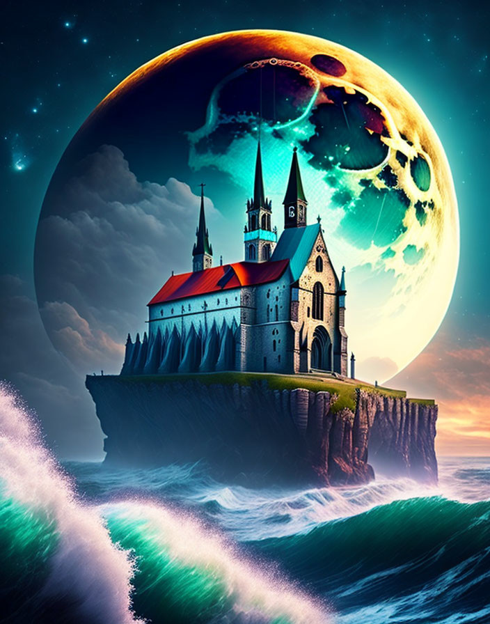 Castle on Cliff Overlooking Giant Moon and Ocean Waves