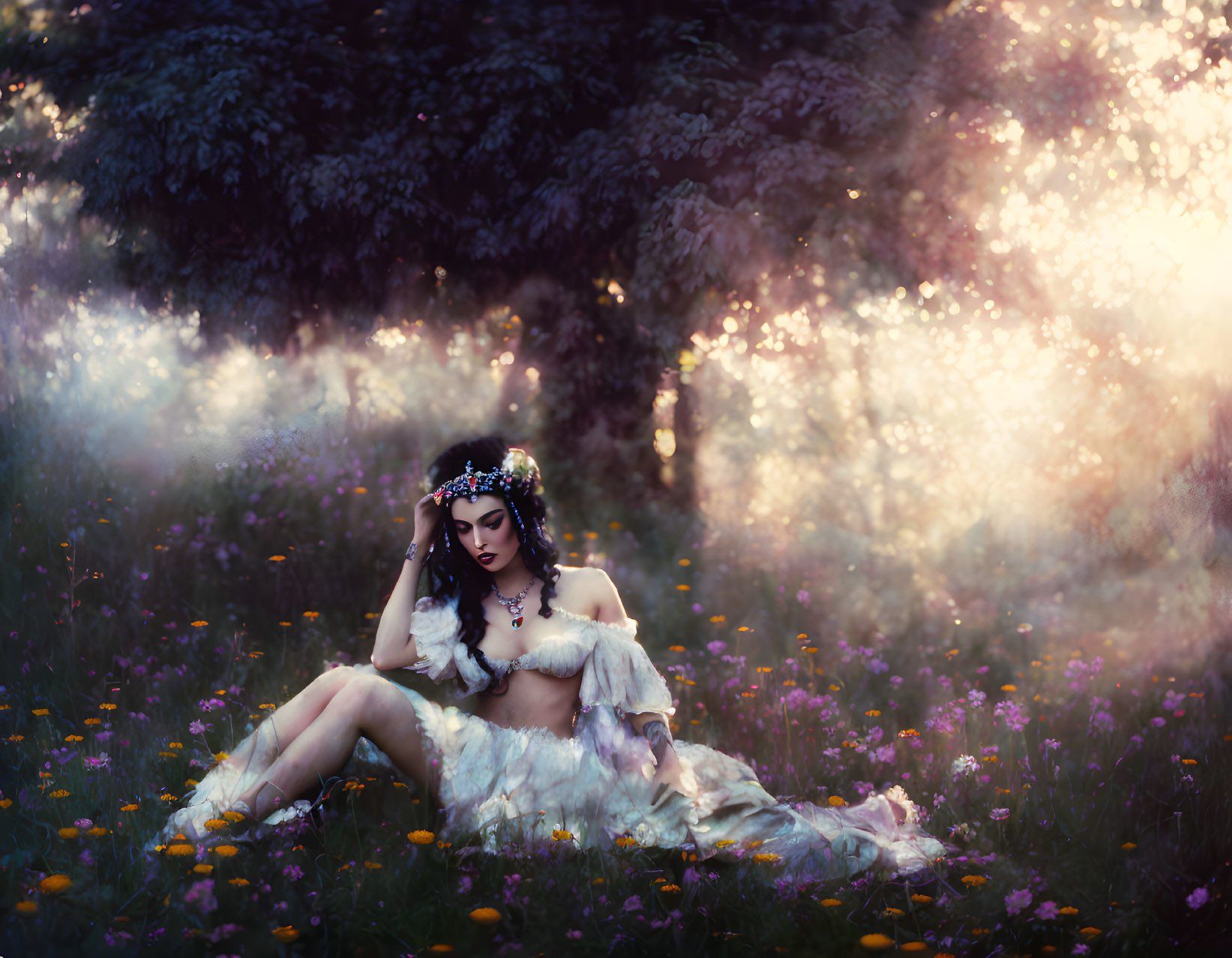 Person in white gown with floral headpiece in magical forest landscape