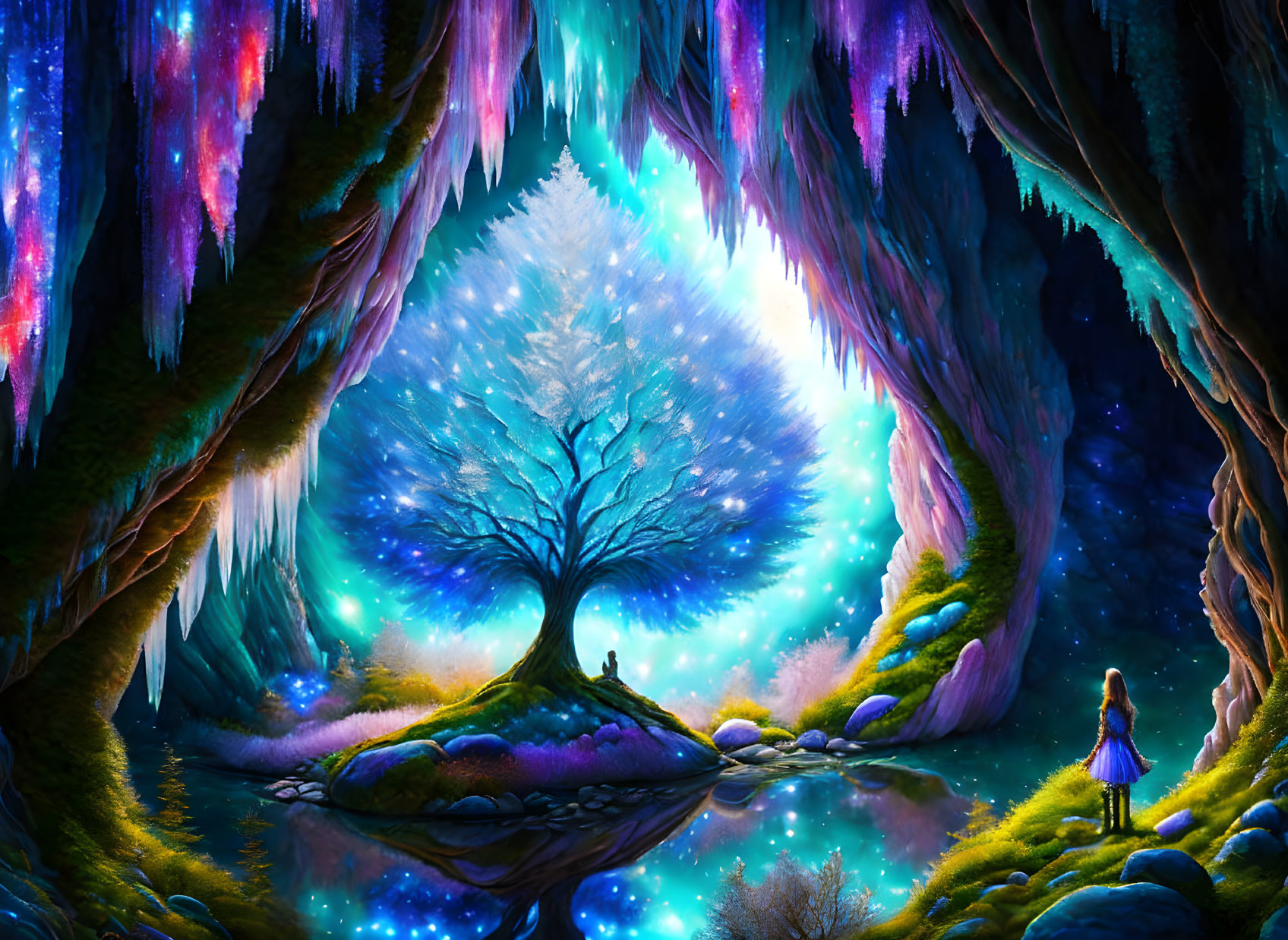 Fantasy landscape with glowing tree, colorful crystals, and figures.