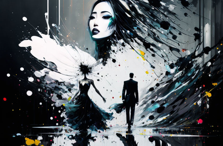 Stylized woman with flower-like dress and wings beside man in suit on splattered paint background