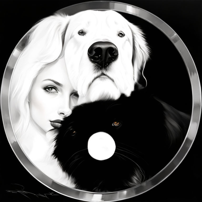 Monochromatic artwork of woman with white and black dogs