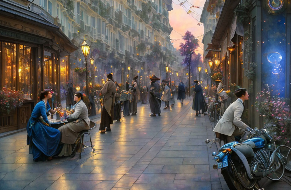 Vibrant street scene at dusk with traditional and modern attire, outdoor dining, pedestrians, ambient lighting