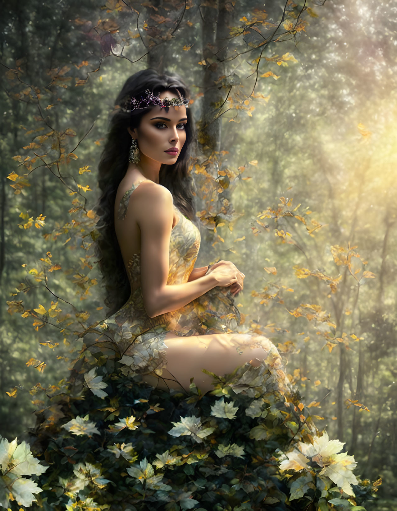 Forest Nymph Sitting in Leaf Gown in Enchanted Woodland