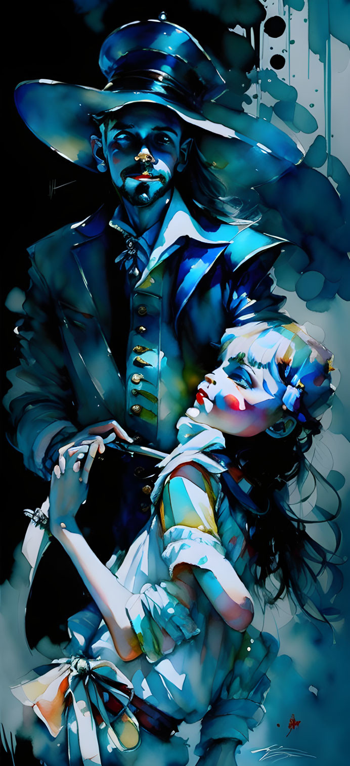 Colorful digital painting of man and woman in vintage attire with dynamic brush strokes.