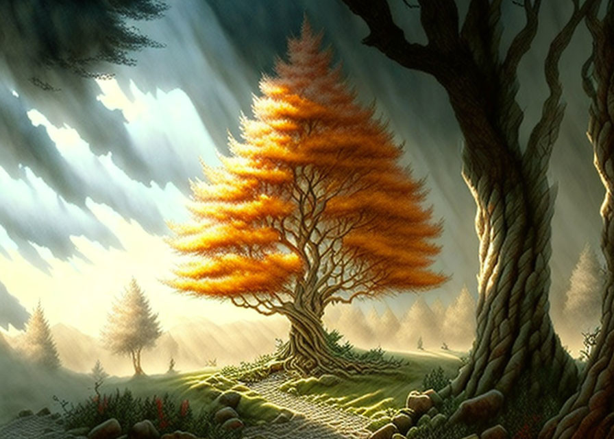 Mystical forest scene with illuminated orange tree and sunbeams