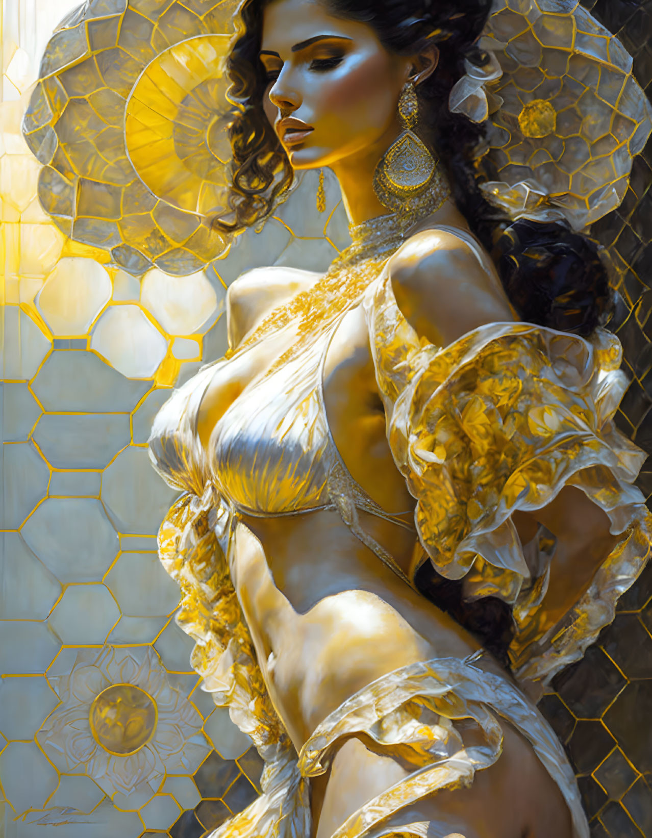 Golden Honeycomb-Themed Fantasy Attire Woman in Translucent Sleeves