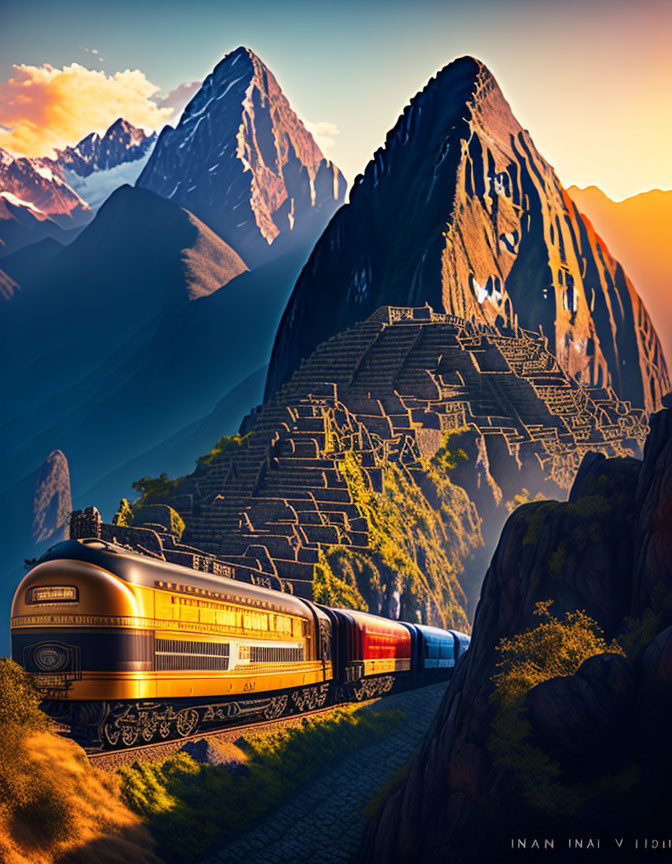 Scenic vintage train journey through mountain pass at sunset