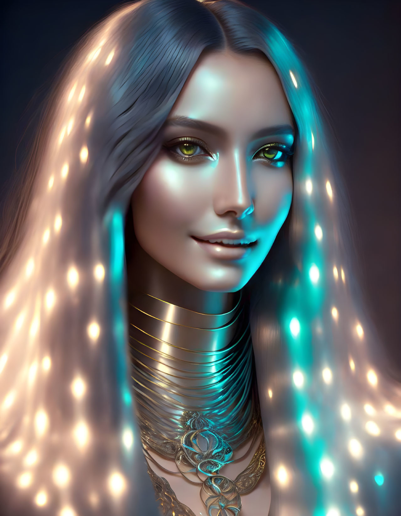 Digital portrait of woman with turquoise skin, green eyes, silver hair, and gold neck rings under twink