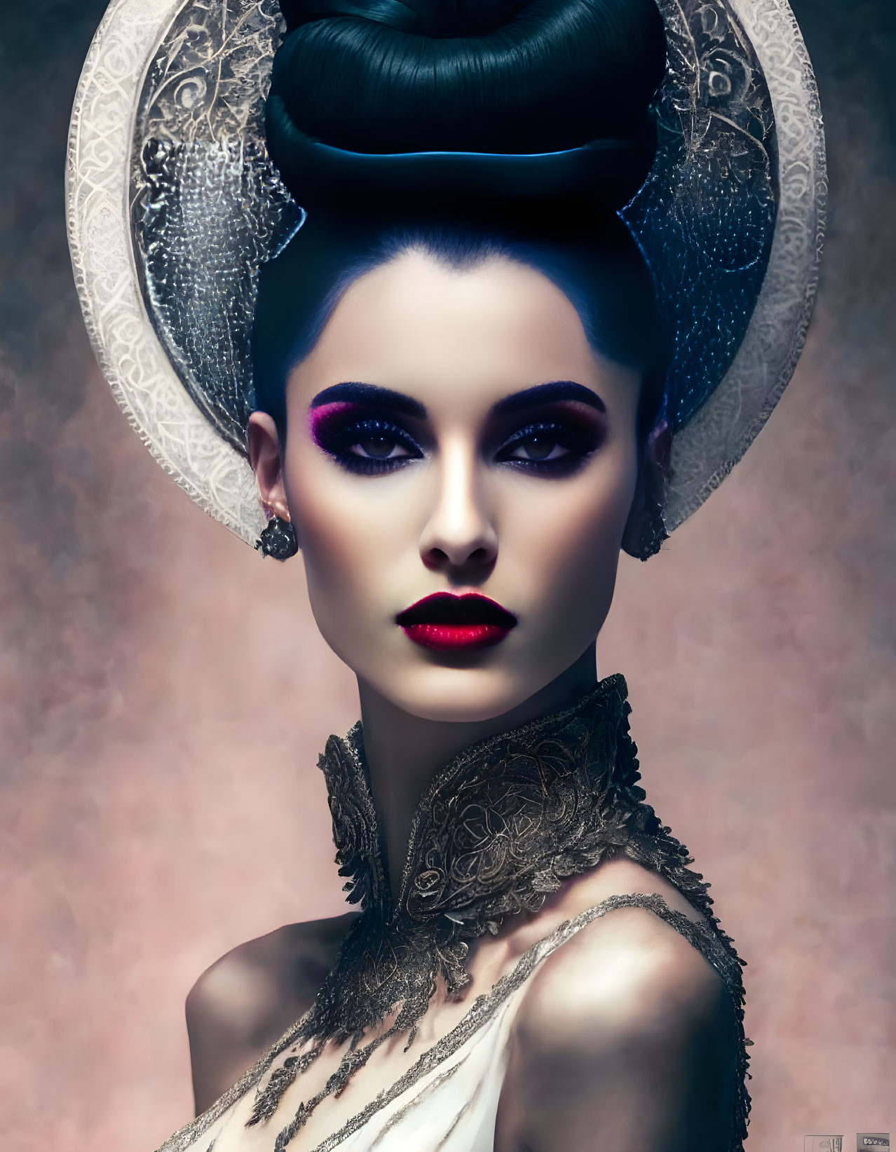 Elaborate updo and ornate accessories on woman with striking makeup