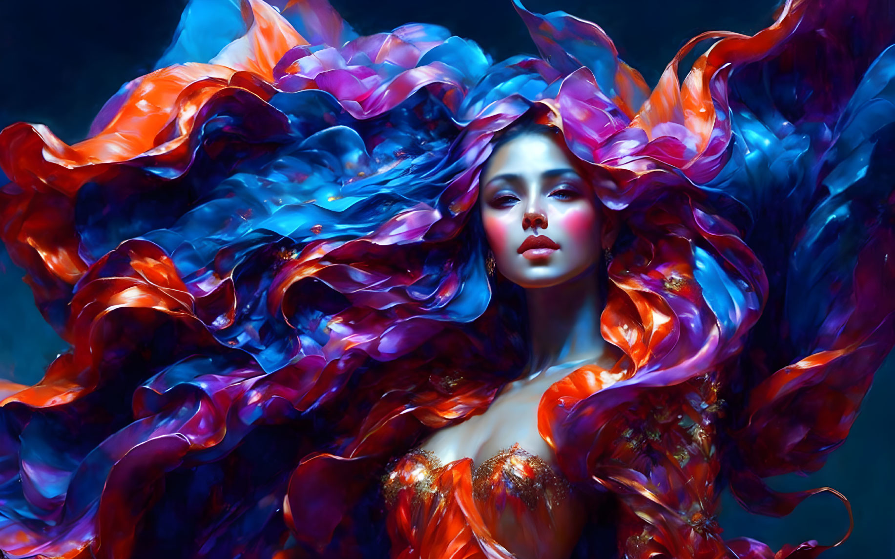 Vibrant blue and red hair woman on dark background