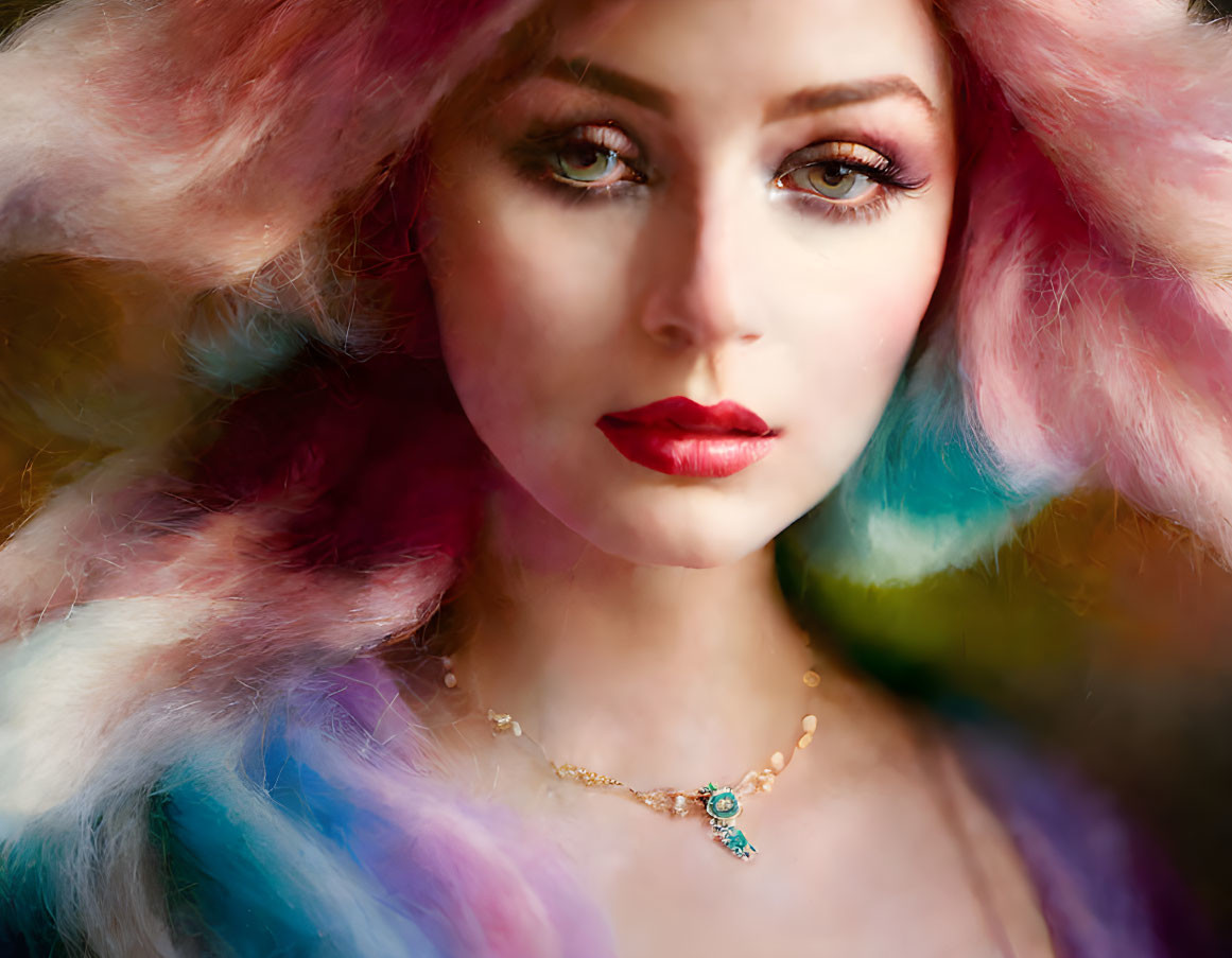 Colorful-haired woman with bold makeup and jeweled necklace in pensive pose