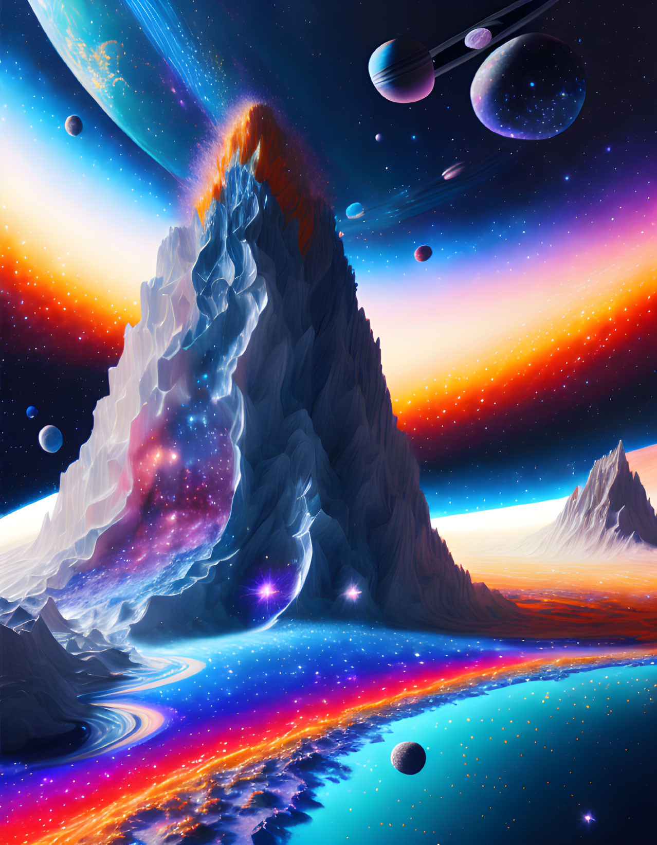 Colorful Sci-Fi Landscape with Mountain, River, Planets, and Nebula