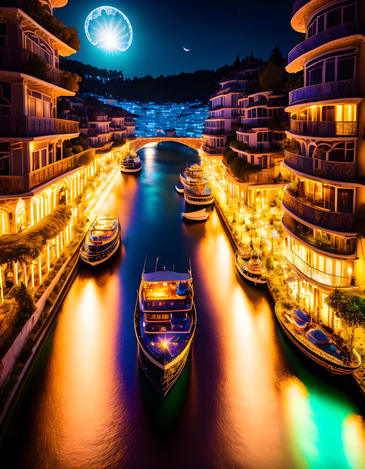 Nighttime Canal Scene with Illuminated Buildings and Boats