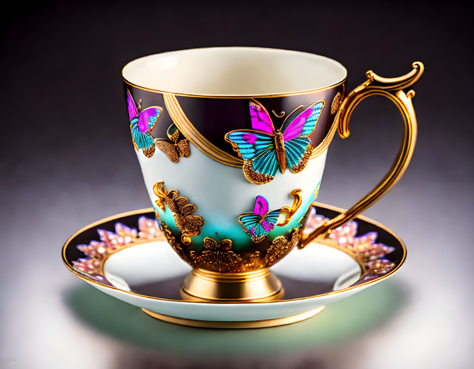 Porcelain Teacup and Saucer with Gold Accents and Butterfly Designs