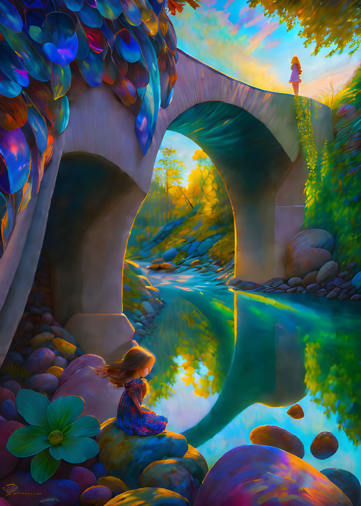 Vibrant river scene with arching bridge and iridescent foliage