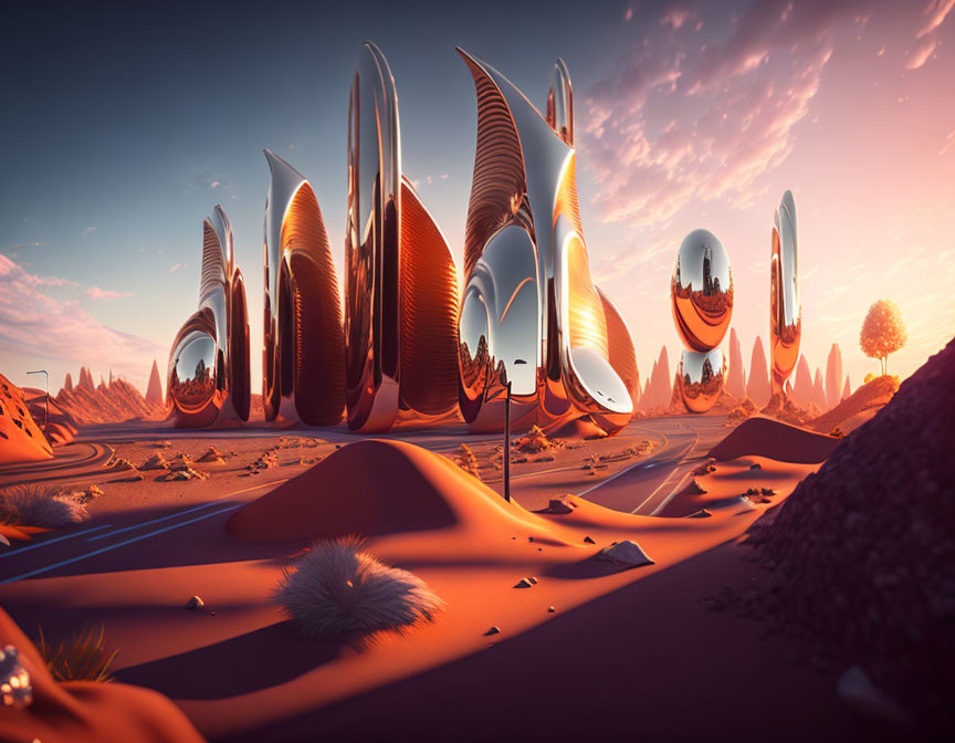 Sleek reflective structures in futuristic desert landscape