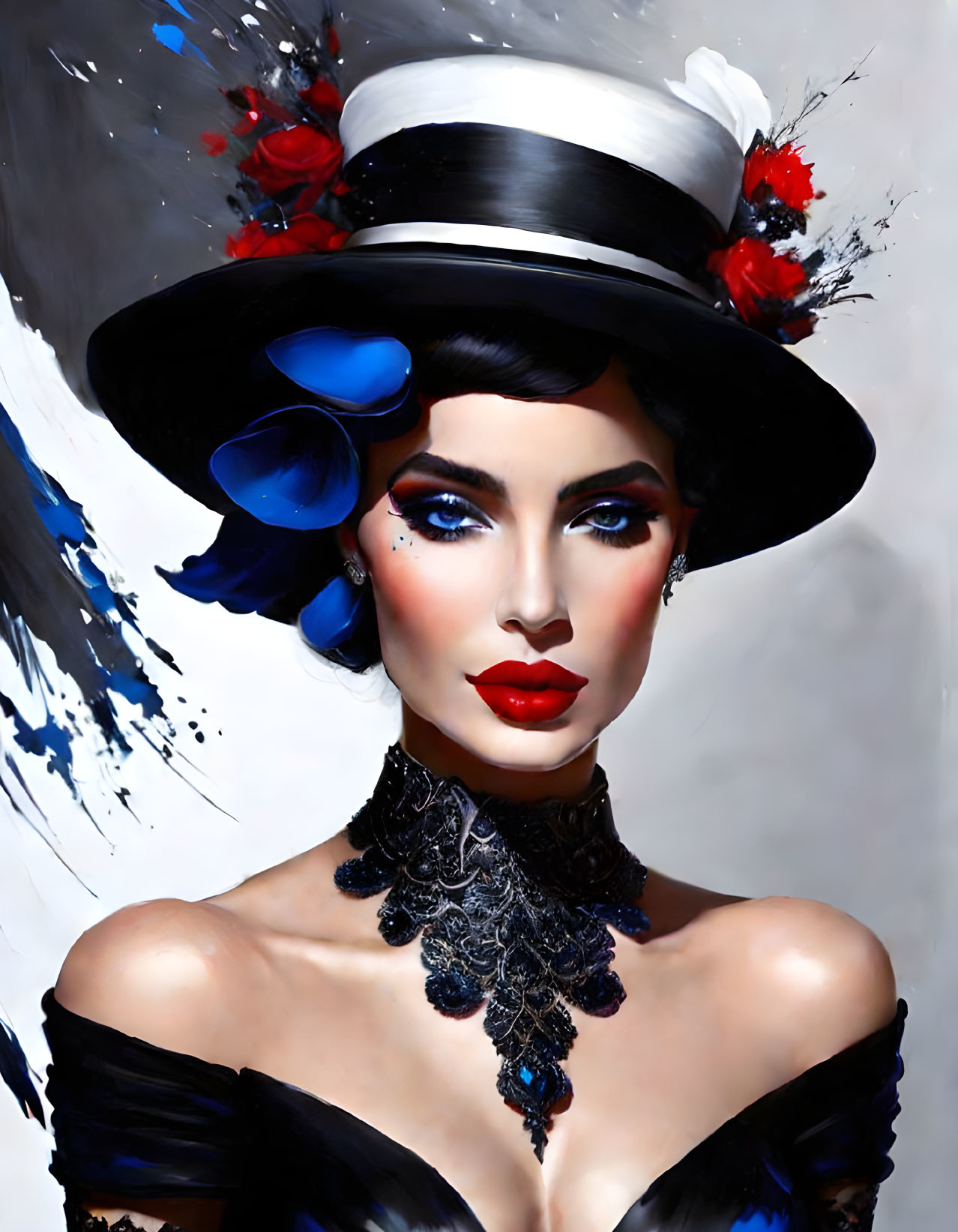 Stylized portrait of woman in top hat with striking makeup