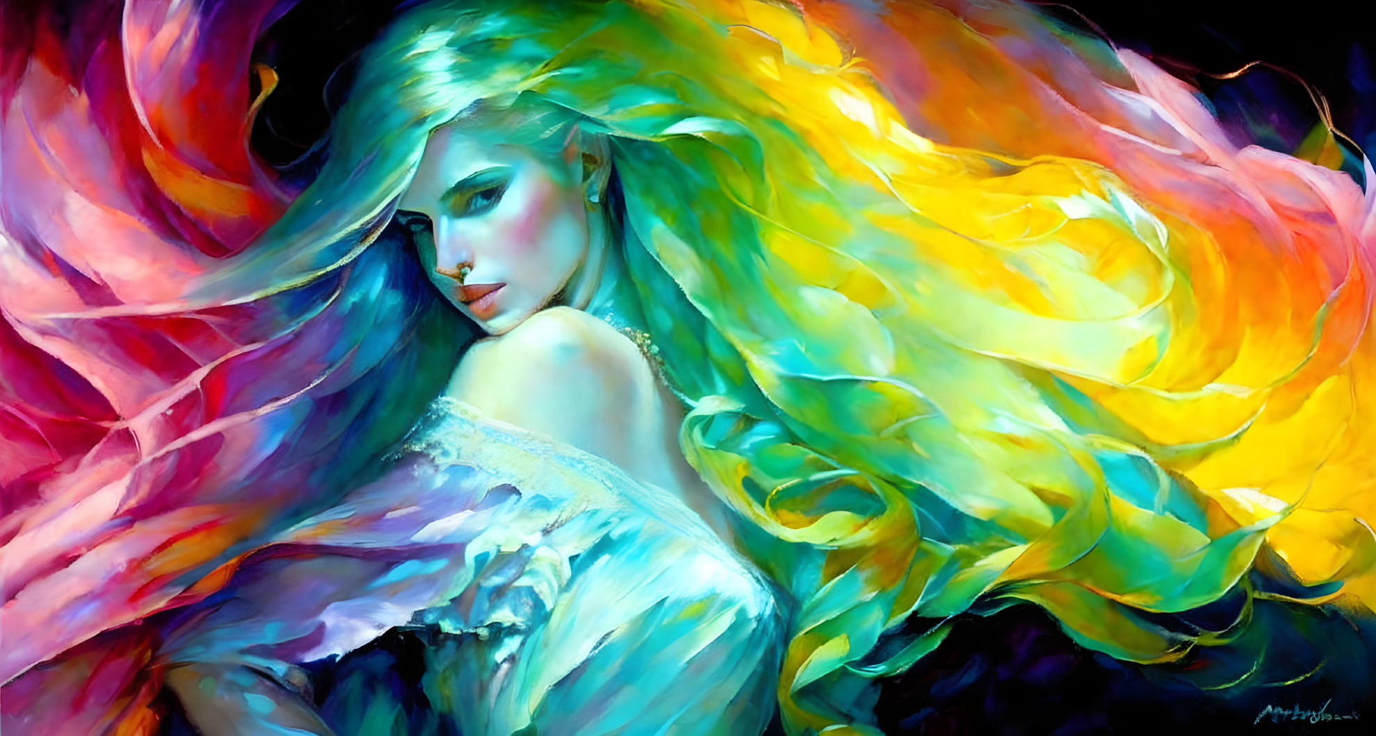 Colorful painting of woman with flowing hair in blue to yellow spectrum