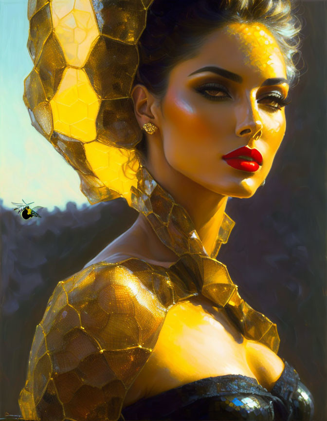 Stylized portrait of a woman with honeycomb and bee elements, vibrant makeup