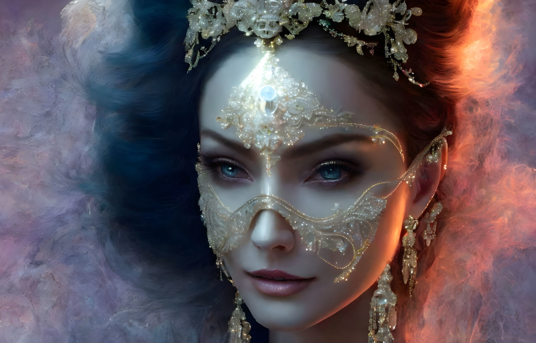 Elaborate gold headpiece and mask on woman against colorful nebulous backdrop