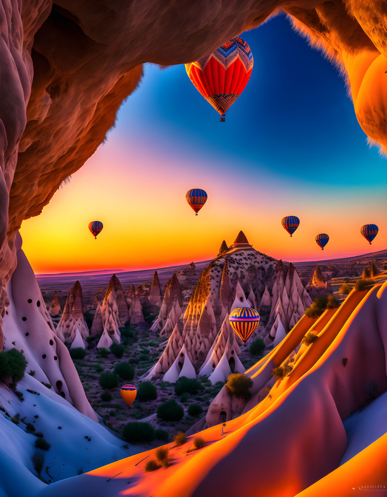 Colorful hot air balloons float over rocky landscape at sunrise