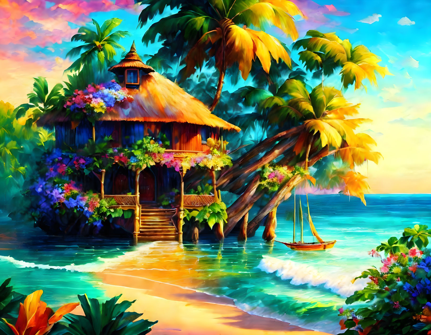 Scenic beach painting with thatched hut, palm trees, boat, and flowers