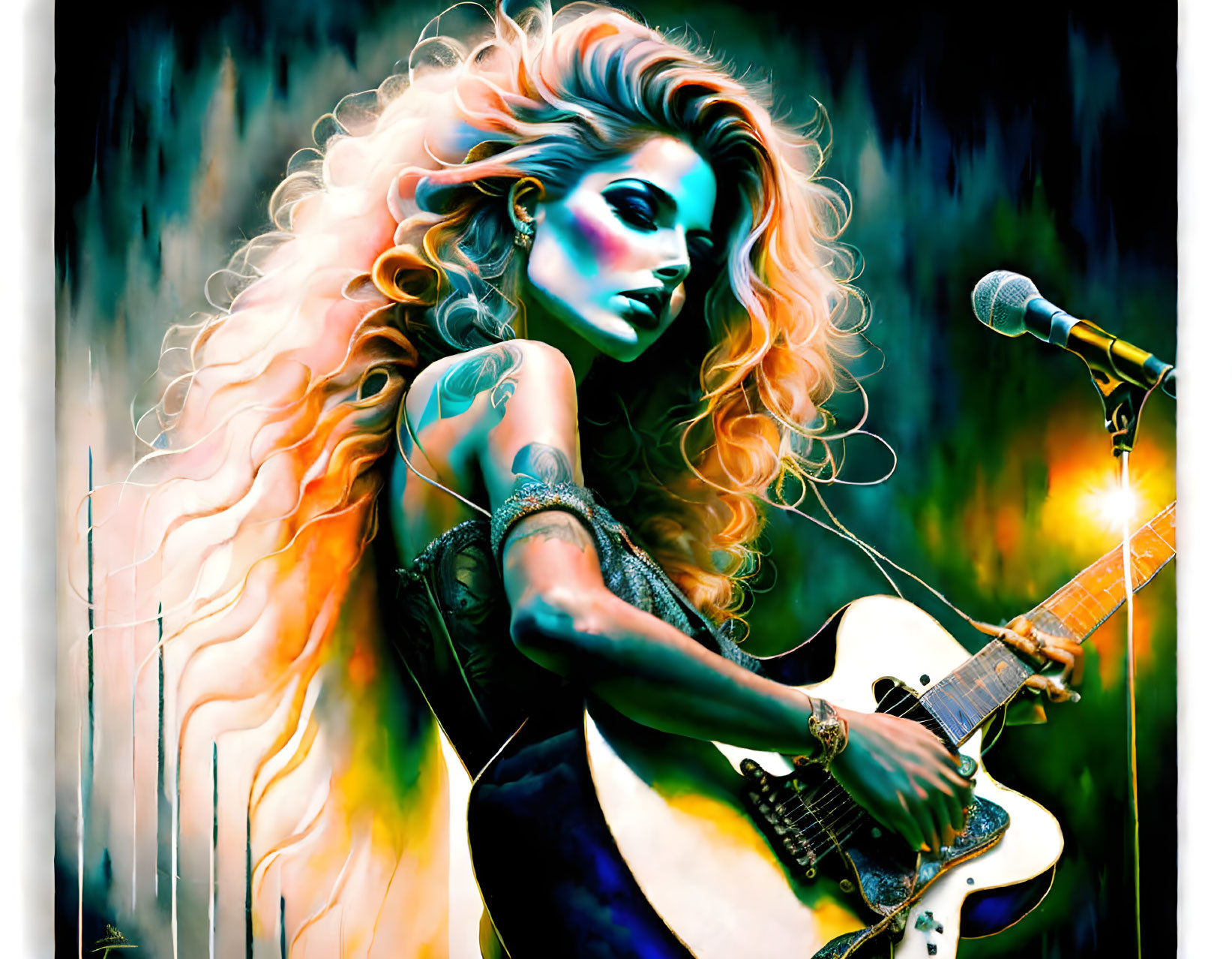 Colorful illustration: Female musician playing guitar and singing with flowing blonde hair and ethereal lighting.