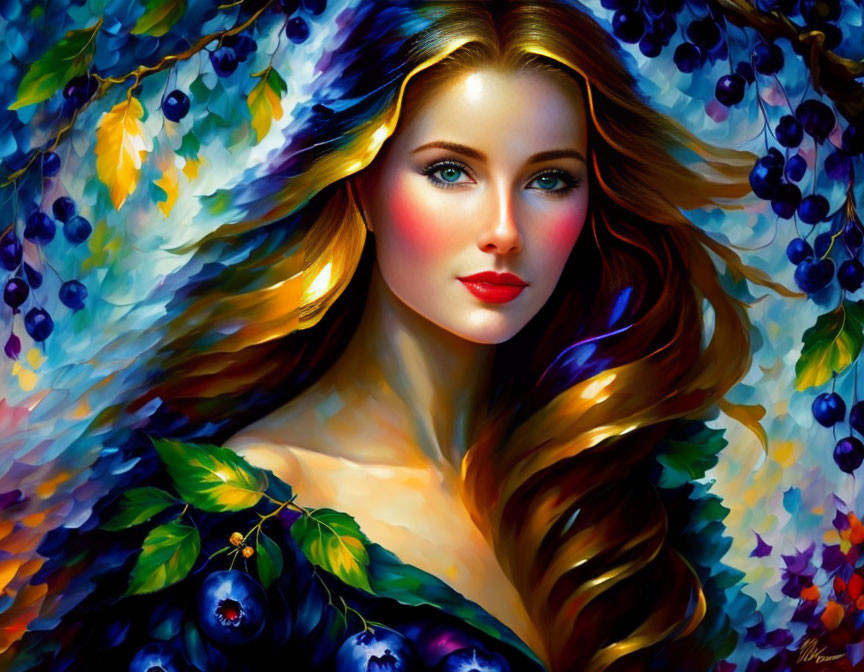 Vivid digital painting of woman with flowing hair in mystical setting