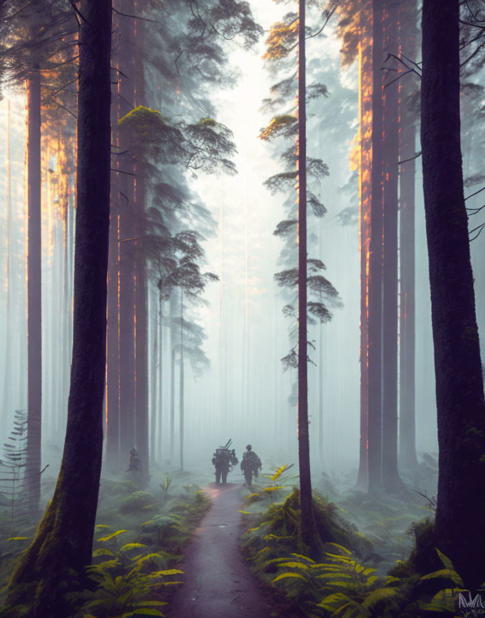 Misty forest scene with tall trees, sunlight, and two people walking among lush ferns