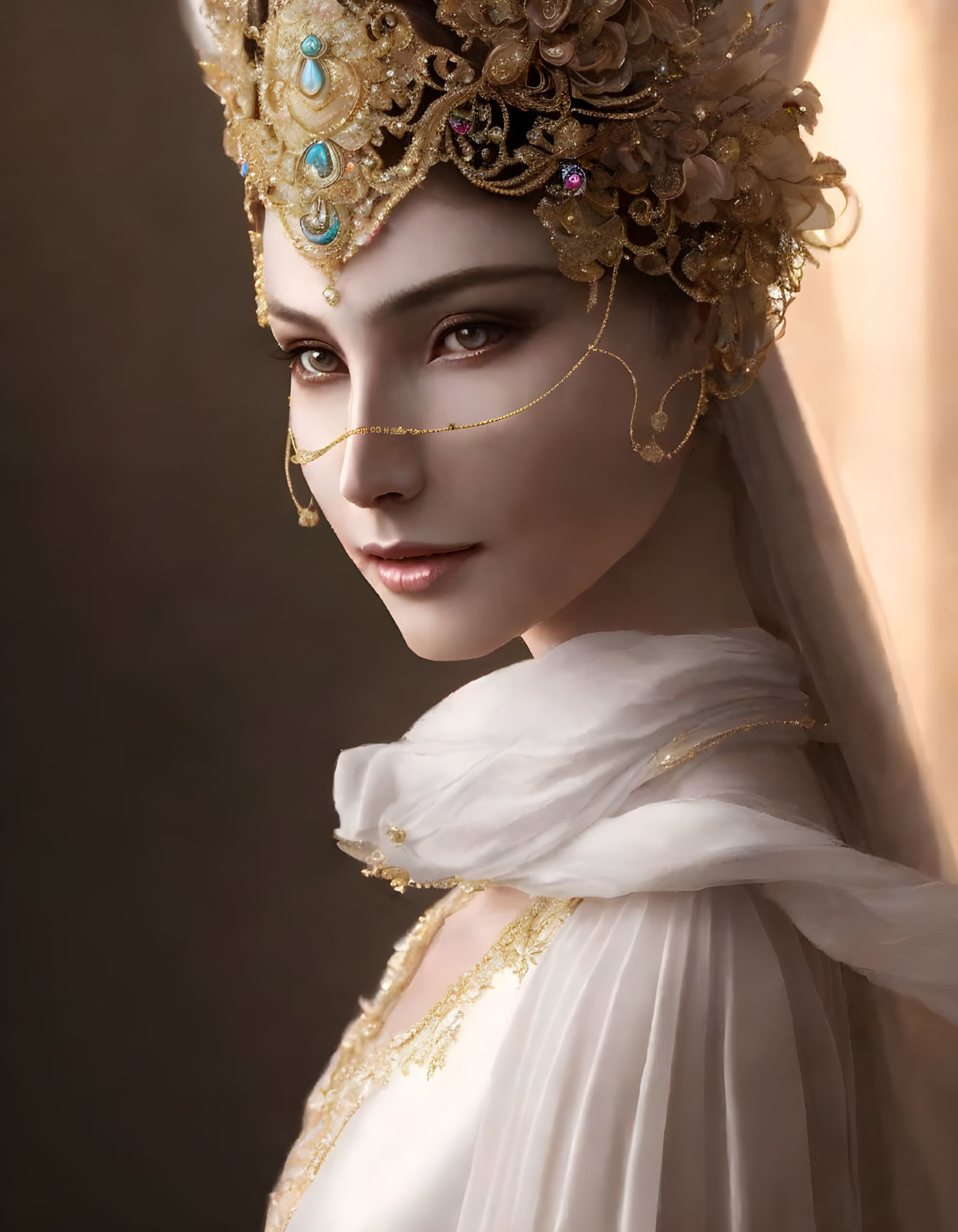 Delicate-featured individual in ornate golden headdress and white gown gazes serenely.