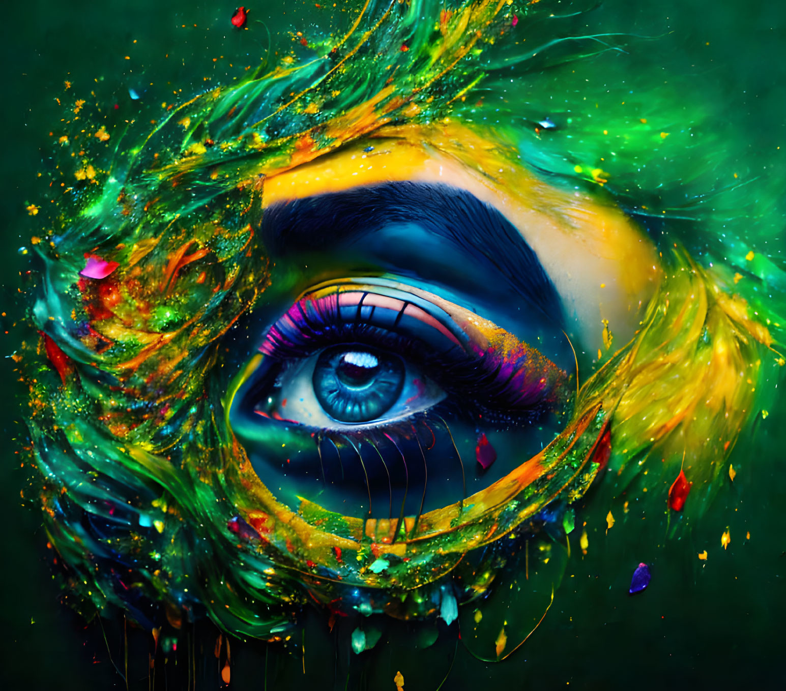 Colorful close-up eye art with splashes and swirls