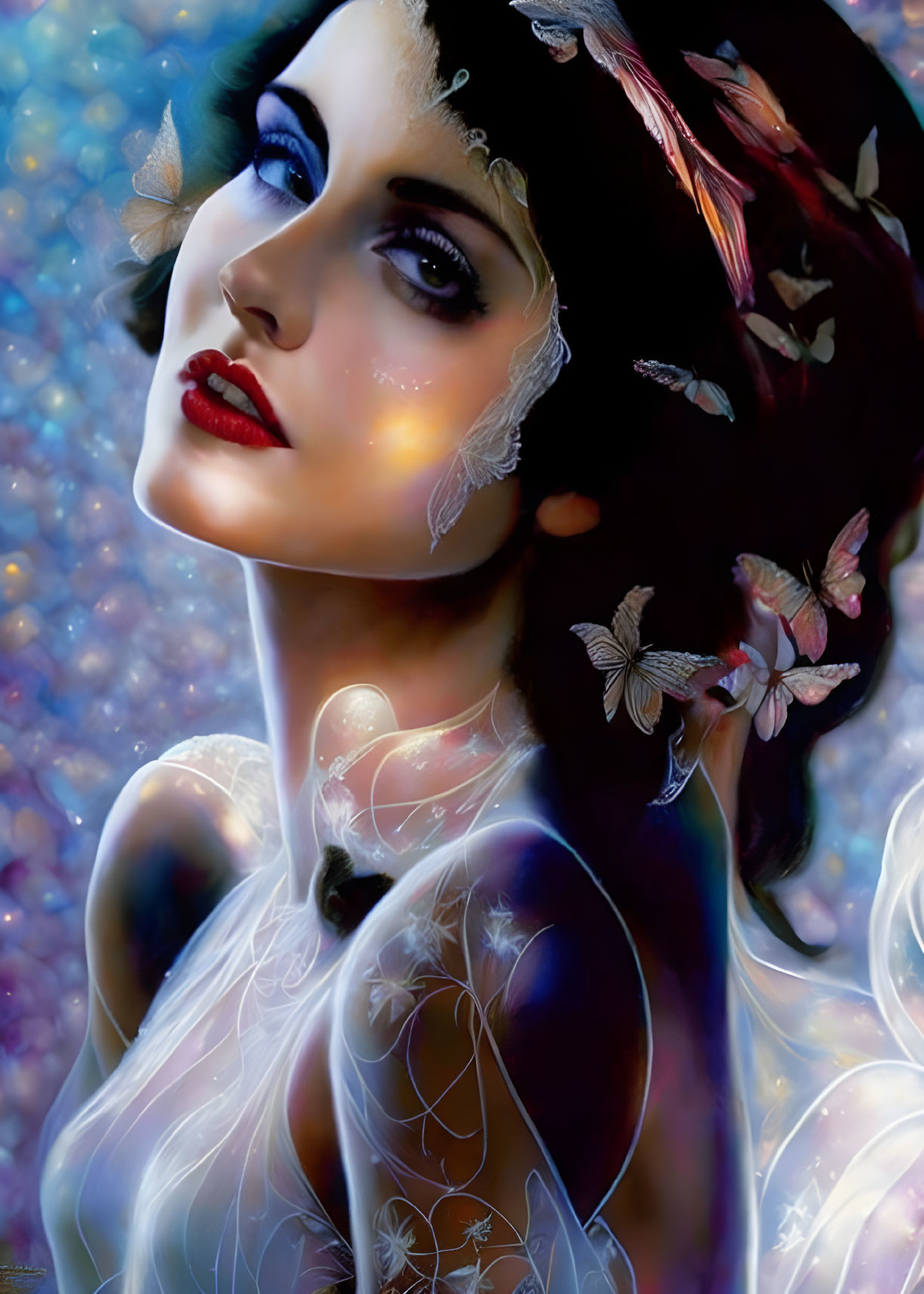 Digital painting of woman with butterflies, starry backdrop, and floral patterns