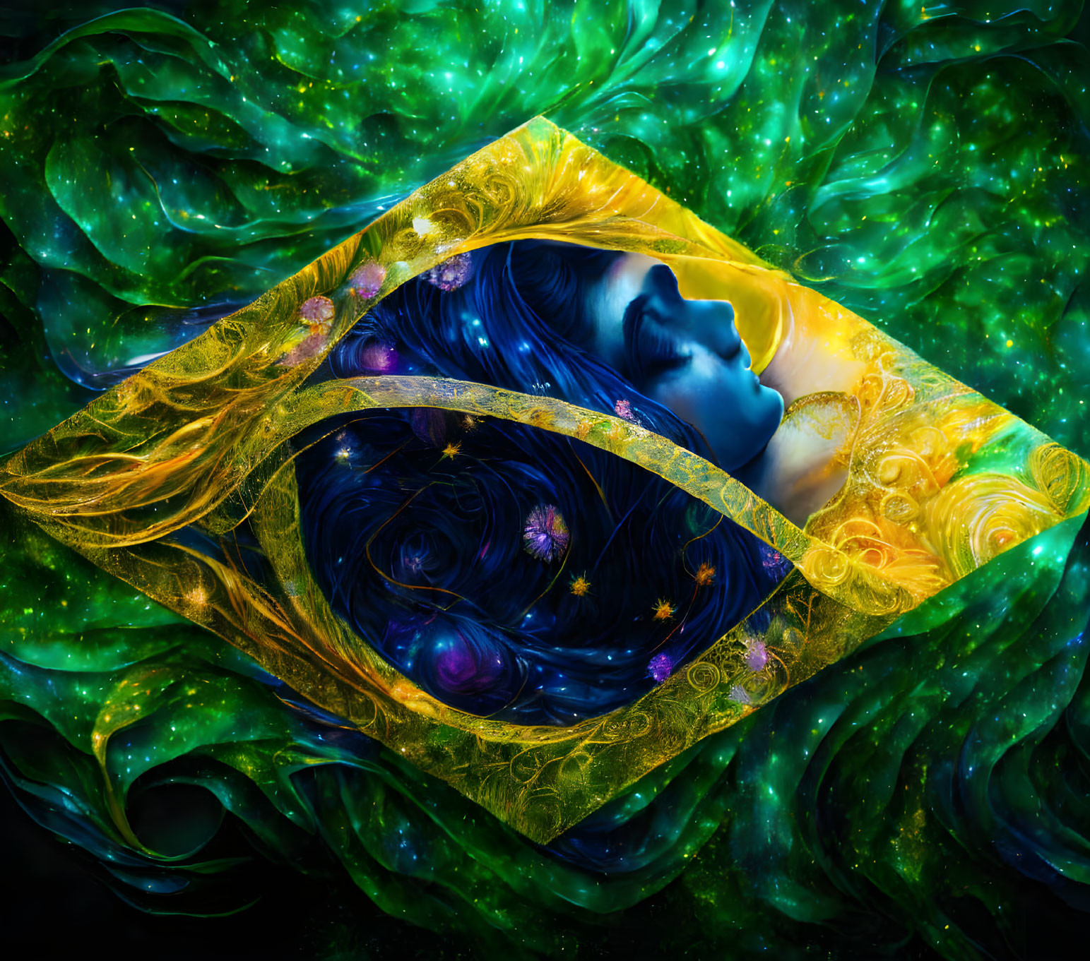 Surreal artistic image: Woman's face in cosmic, starry scene with golden frame & green