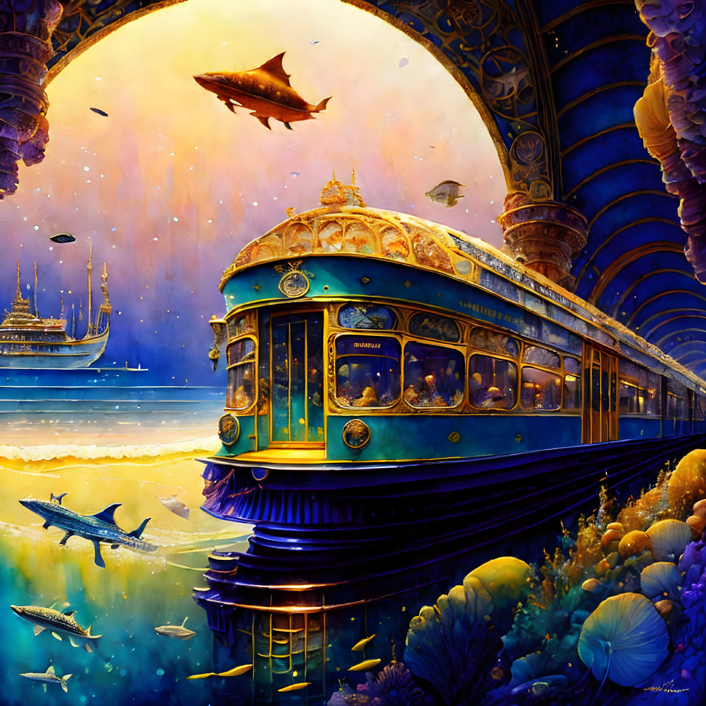 Underwater scene with vintage tram, coral, marine life, airships, starry backdrop