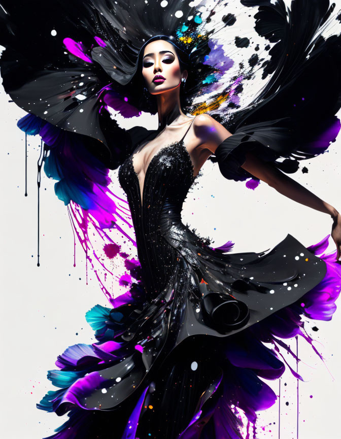 Model in flowing black dress with black and purple ink swirls for dramatic effect