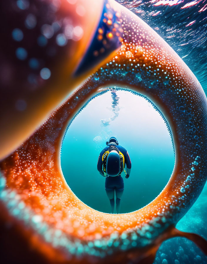 Underwater view through circular frame with diver and bubbles