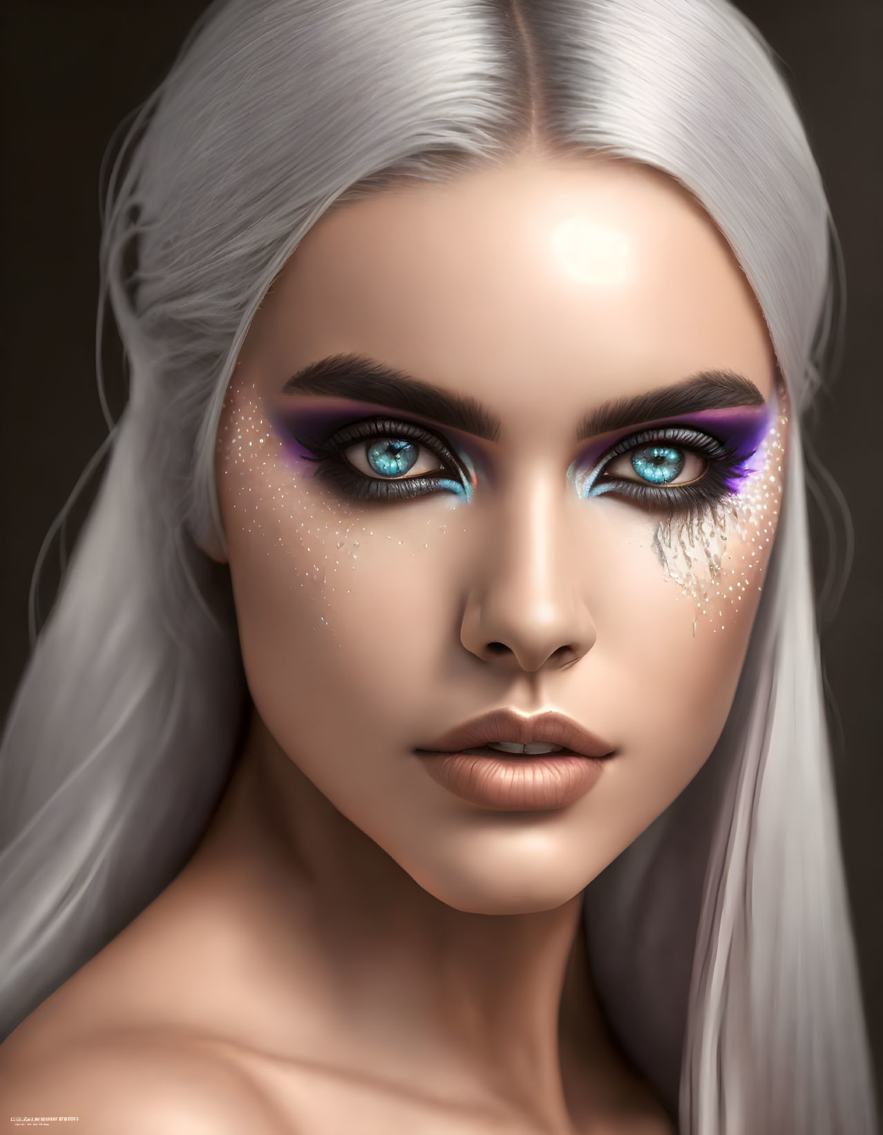 Person with Striking Blue Eyes and White Hair in Artistic Makeup