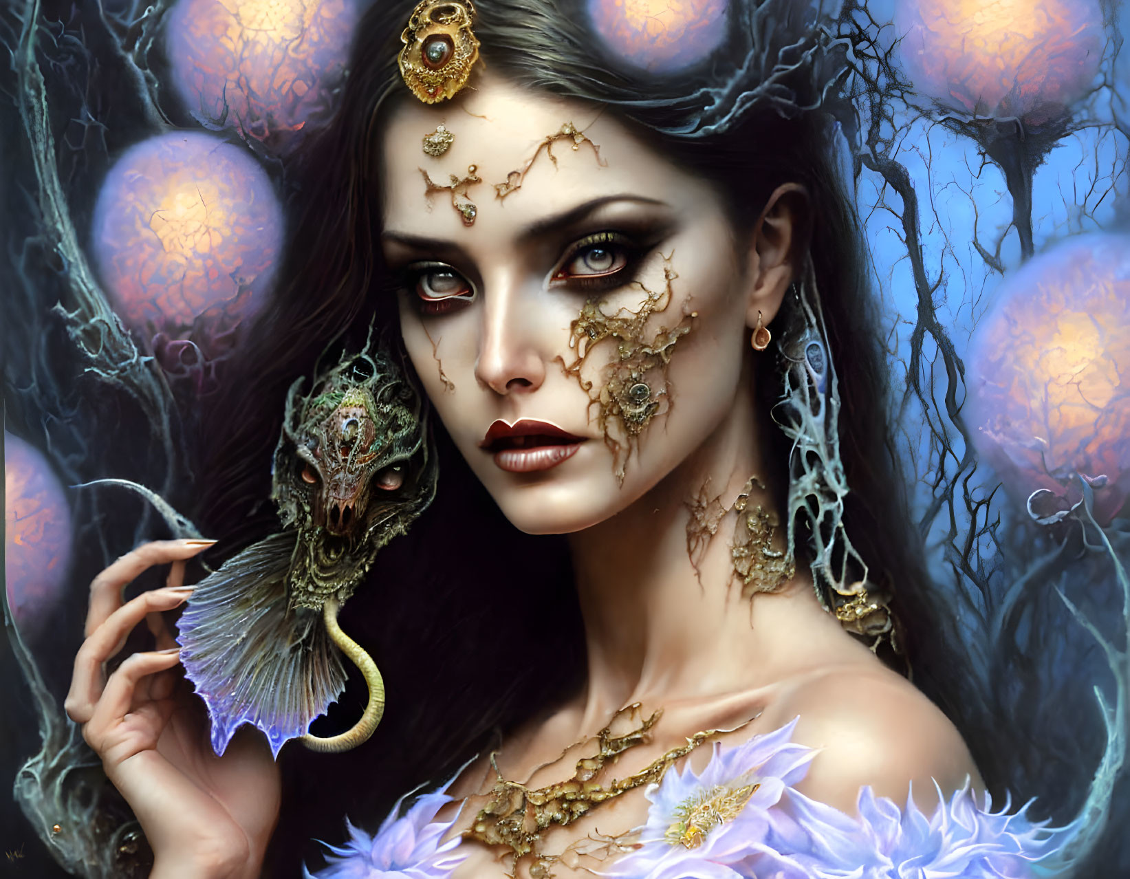 Fantastical portrait of woman with gold filigree, dragon, orbs, and ethereal branches