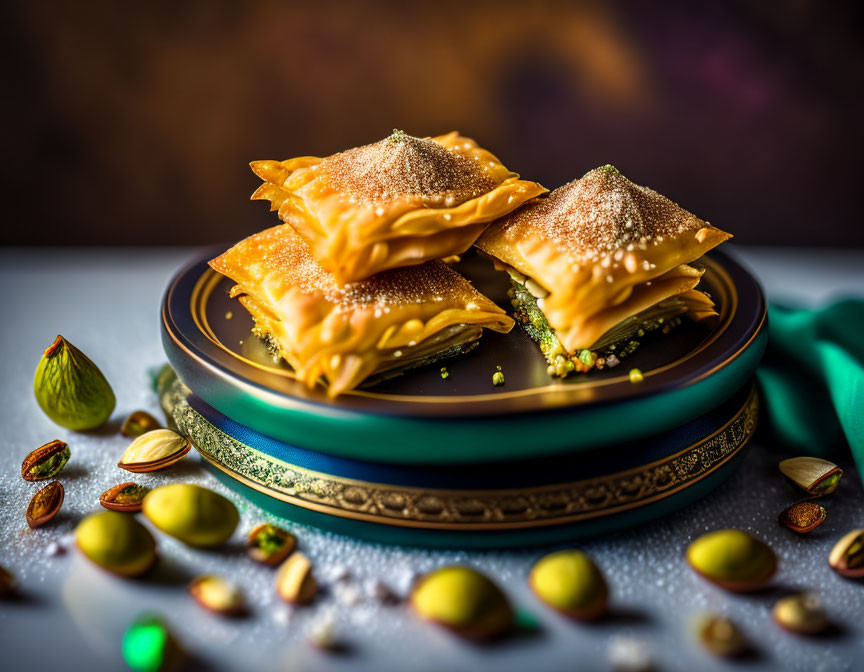 Stacked pastries with powdered sugar and sesame seeds on blue plate with pistachios and sweets.