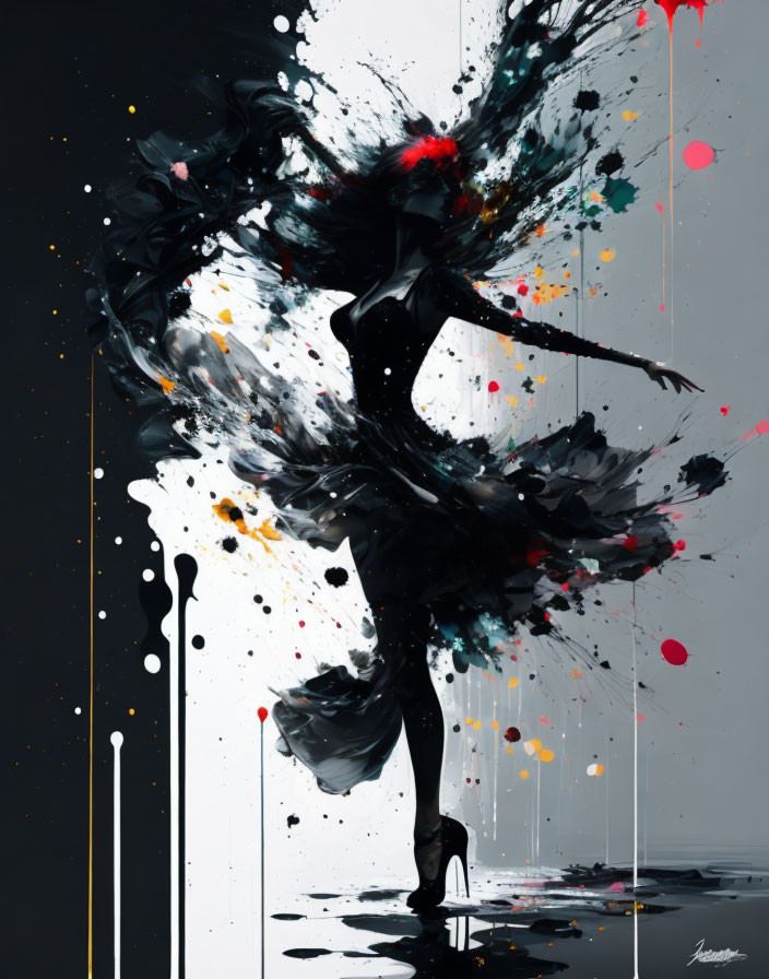 Vivid digital artwork: Ballerina mid-twirl with paint splashes