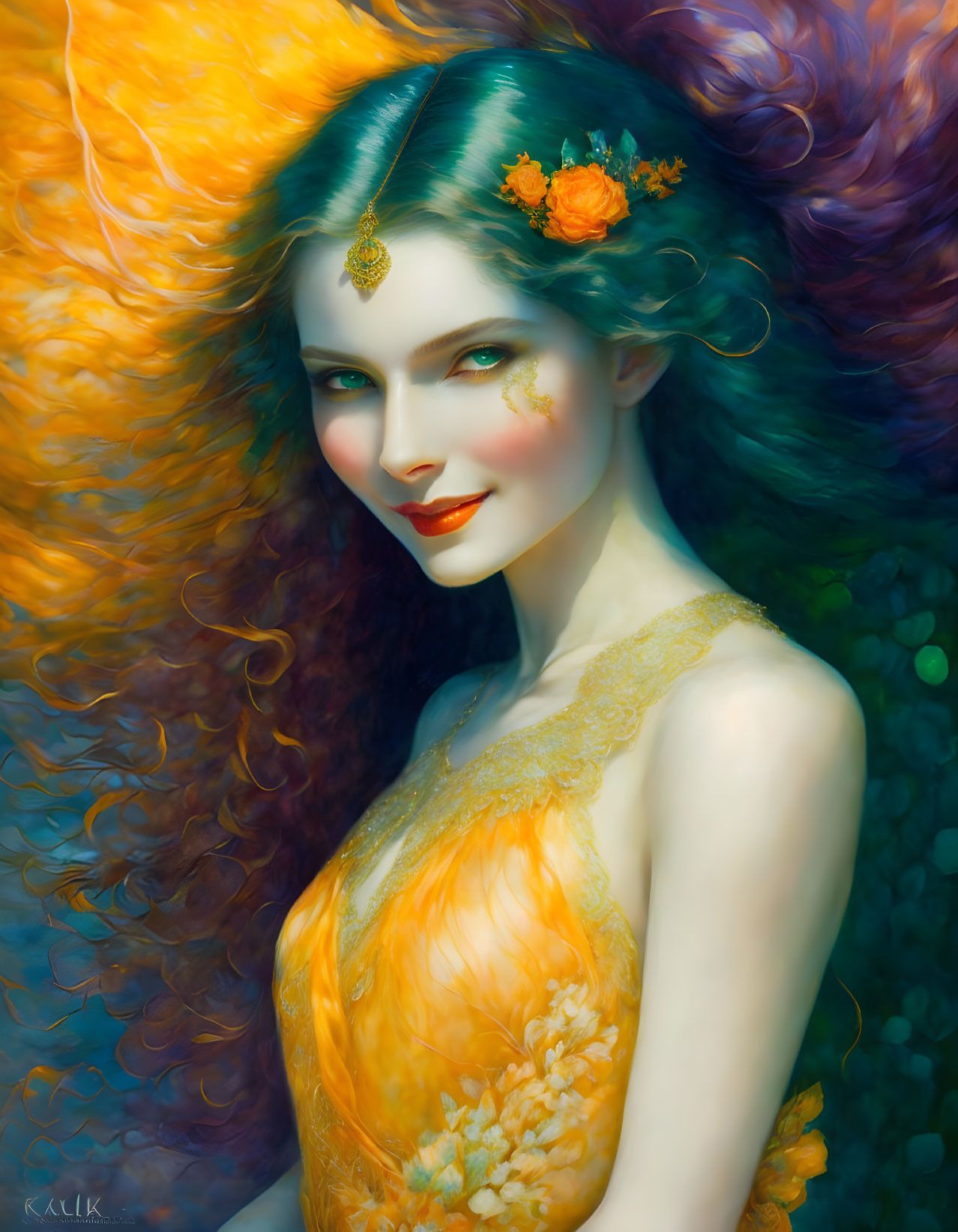 Colorful portrait of woman with orange and blue hair and floral dress