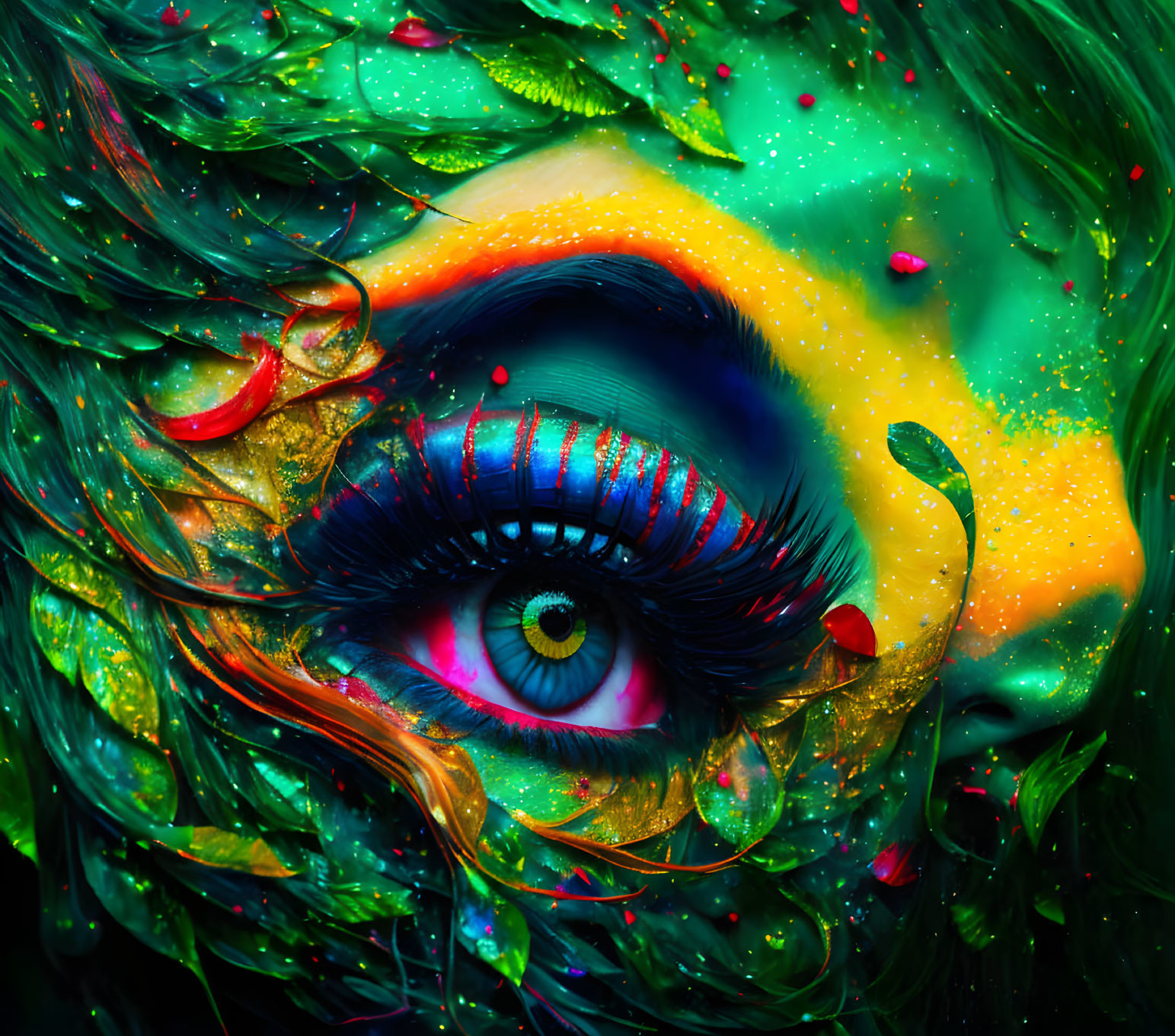 Colorful eye makeup art with green swirls and bright splashes