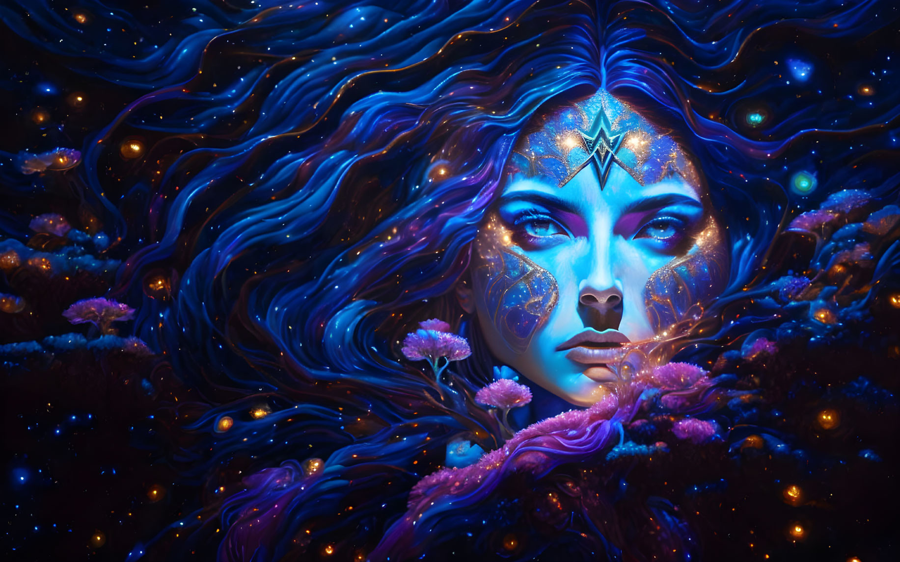 Colorful cosmic artwork of woman's face with flowing hair and galaxies and celestial patterns