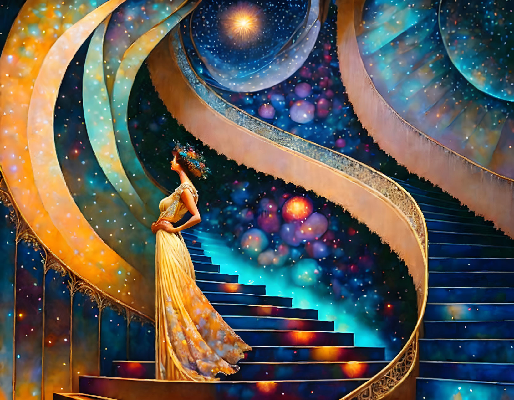 Woman in elegant gown climbs cosmic-themed staircase under star-filled sky