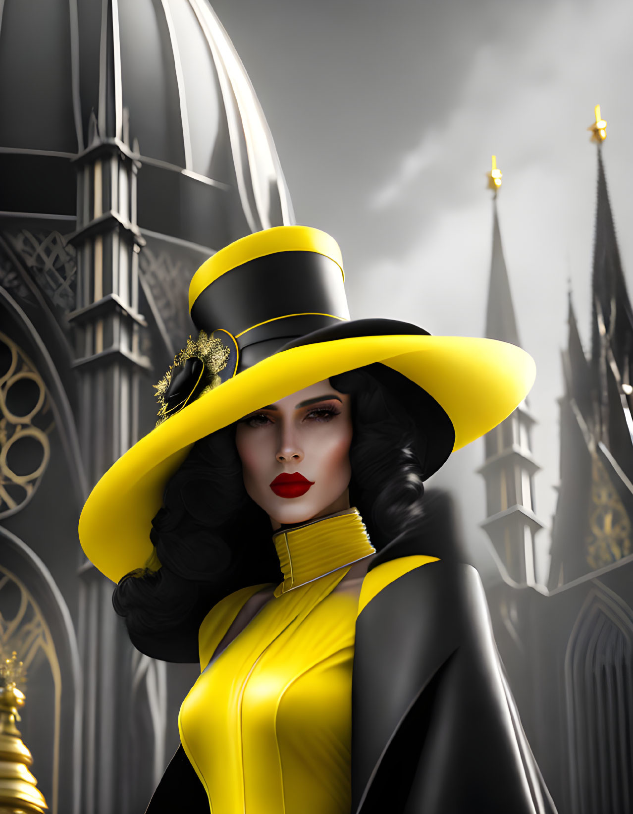 Fashionable woman in red lipstick and black & yellow outfit poses in front of gothic architecture with feather