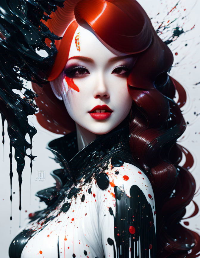 Digital artwork: Woman with flowing red and black hair on white background